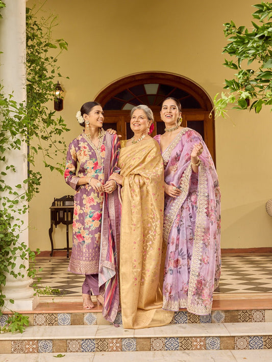 Embroidered Organza Tissue Sarees and Kurta With Pants & Dupatta (Pack of 3)