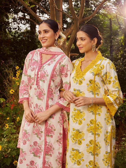 Printed Cotton Kurta with Pant and Dupatta (Pack of 2)