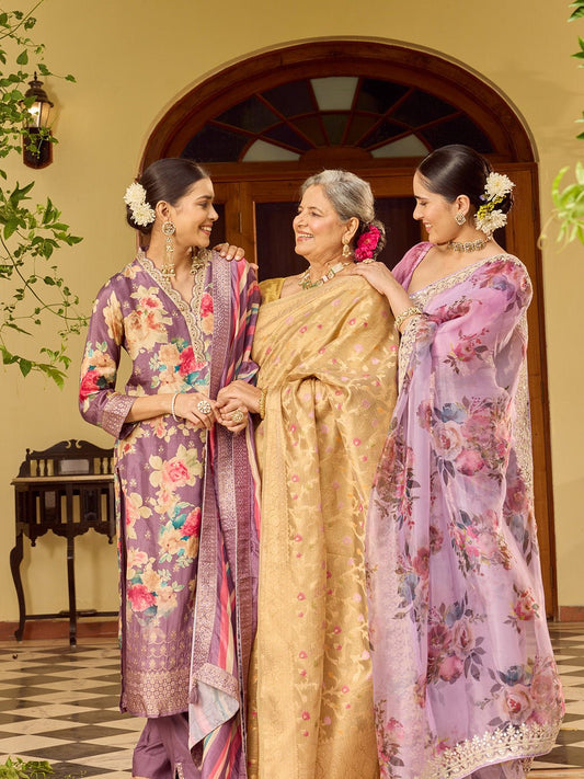 Embroidered Organza Tissue Sarees and Kurta With Pants & Dupatta (Pack of 3)