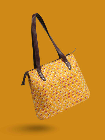 Mustard & Maroon Printed Cotton Handbag With Pouch