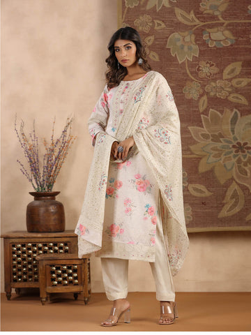 Printed Cotton Kurta With Pants & Dupatta