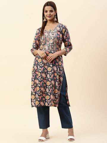 Printed & Neck Embroidered Muslin Kurta With Pants