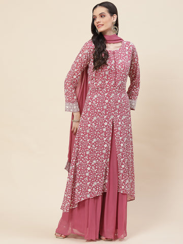 Embroidered Georgette Kurta With Palazzo & Dupatta