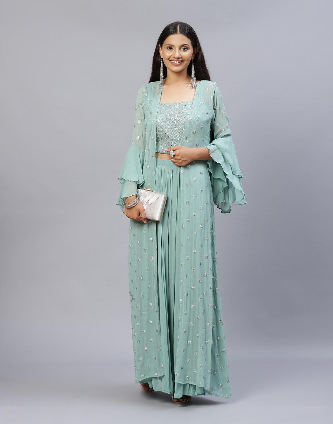Dusty Green Georgette Salwar Kameez Stitched Suit