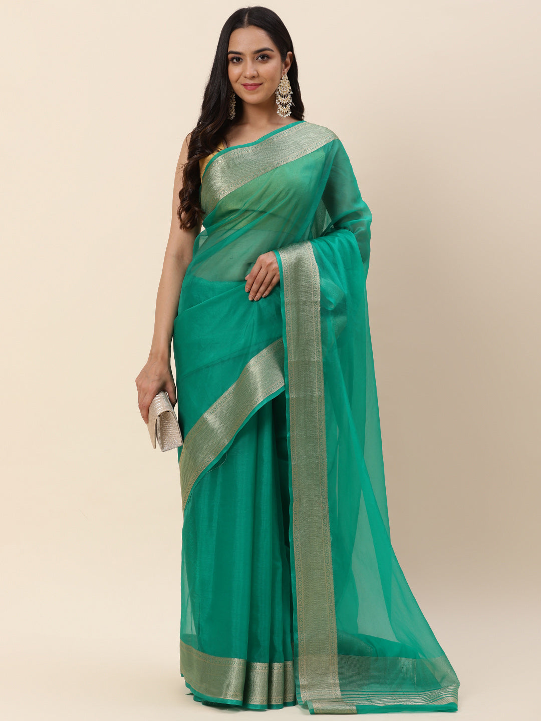 Zari Booti Organza Plain Saree