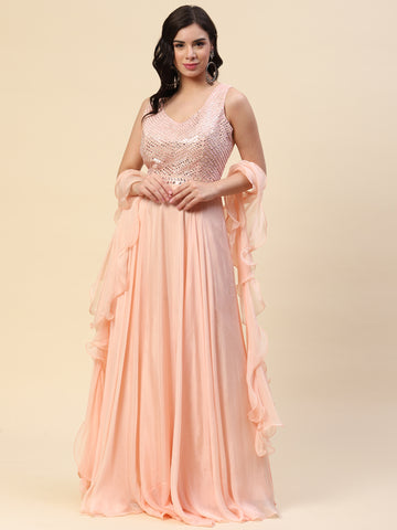 Mirror Neck Embroidered Crepe Gown Dress