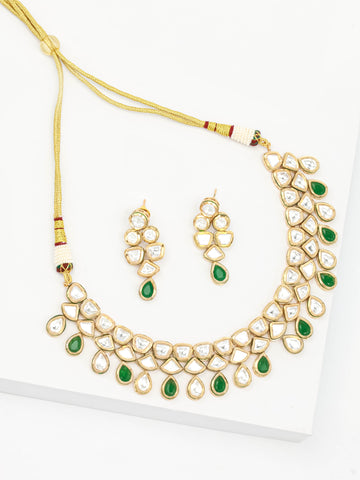 Silver-Green Kundan Necklace Set With Earrings