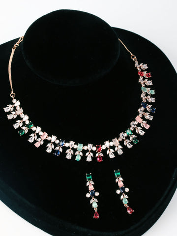 Silver & Multi AD Necklace Set With Earrings