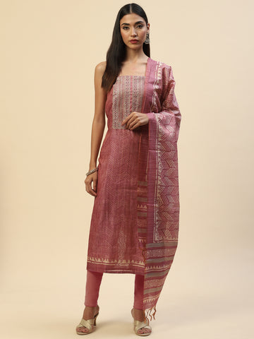 Printed Neck Embroidered Chanderi Unstitched Suit Piece With Dupatta