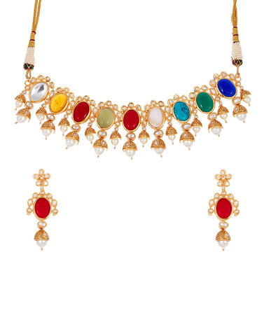 Gold Plated Stone Necklace With Earrings