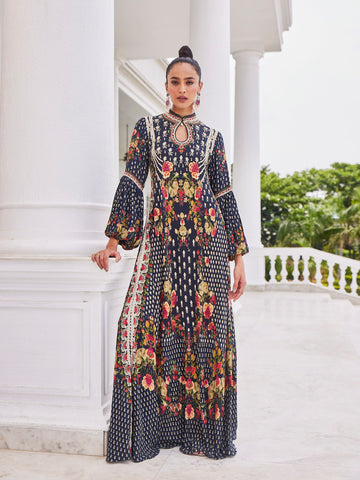 Digital Floral Printed Crepe A-Line Gown Dress