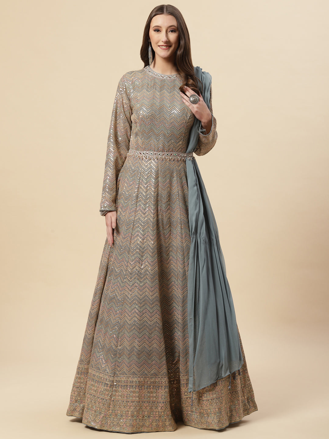 Sequin Embroidered Georgette Anarkali Kurta With Churidar & Dupatta