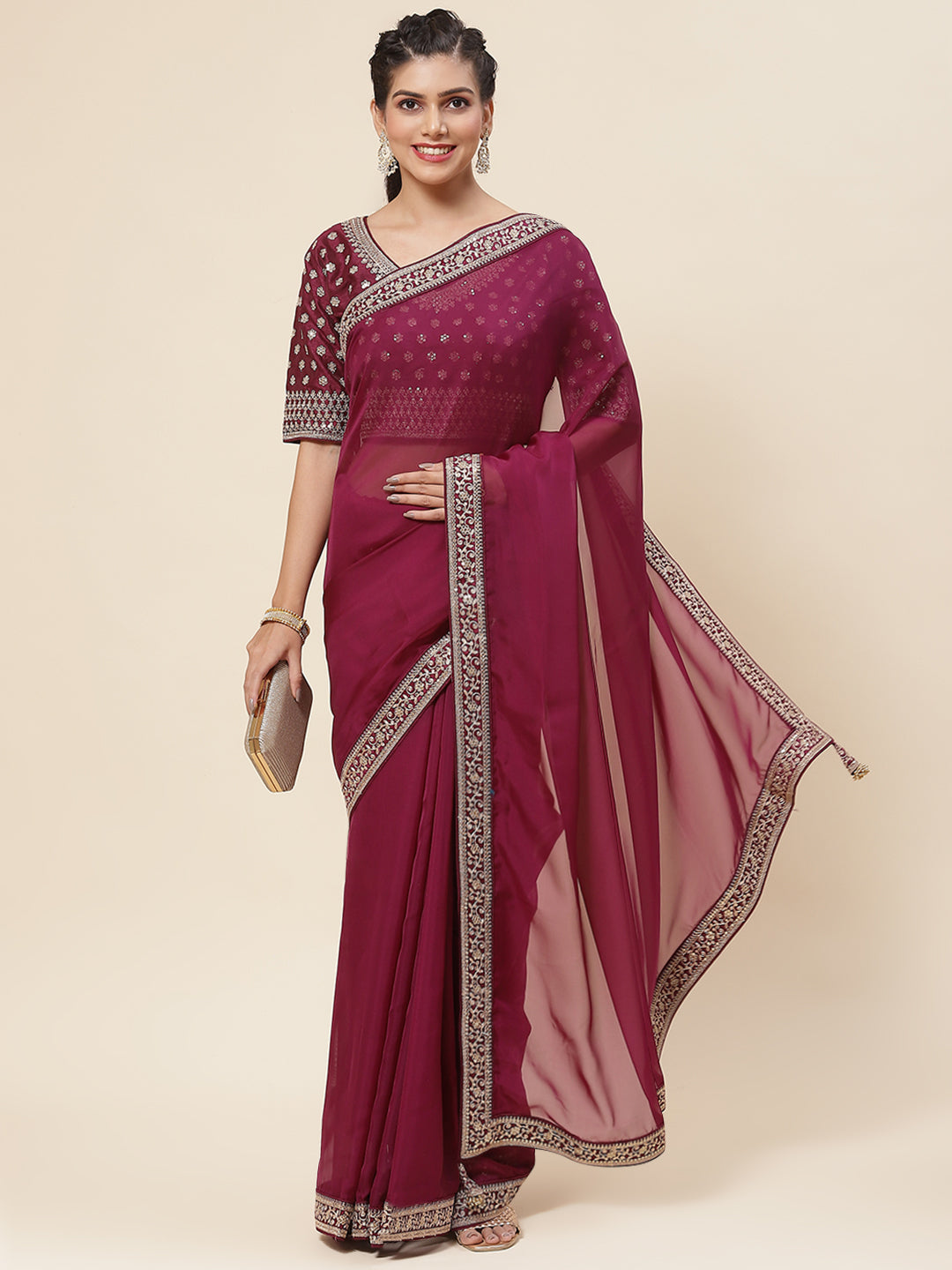 Plain & Embroidered Border Organza Saree