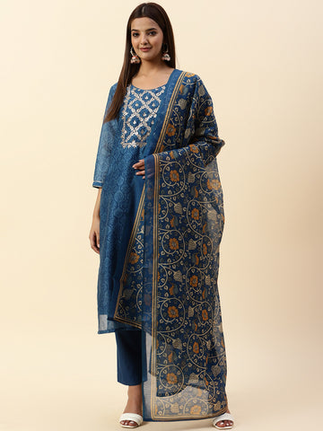 Printed Chanderi Kurta With Pants & Dupatta