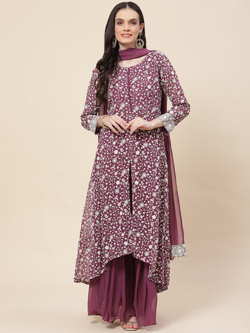 Embroidered Georgette Kurta With Palazzo & Dupatta