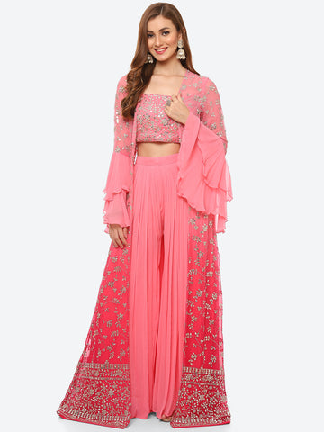 Zari Embroidered Booti Georgette Crop Top With Sharara & Jacket