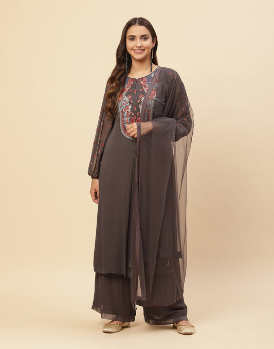 Resham Jaal Embroidered Georgette Salwar Kameez Stitched Suit With Dupatta