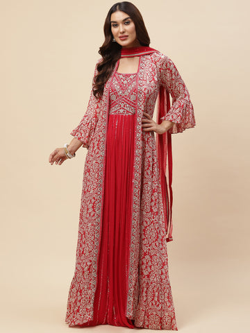 Neck Embroidered Georgette Gown With Jacket & Dupatta