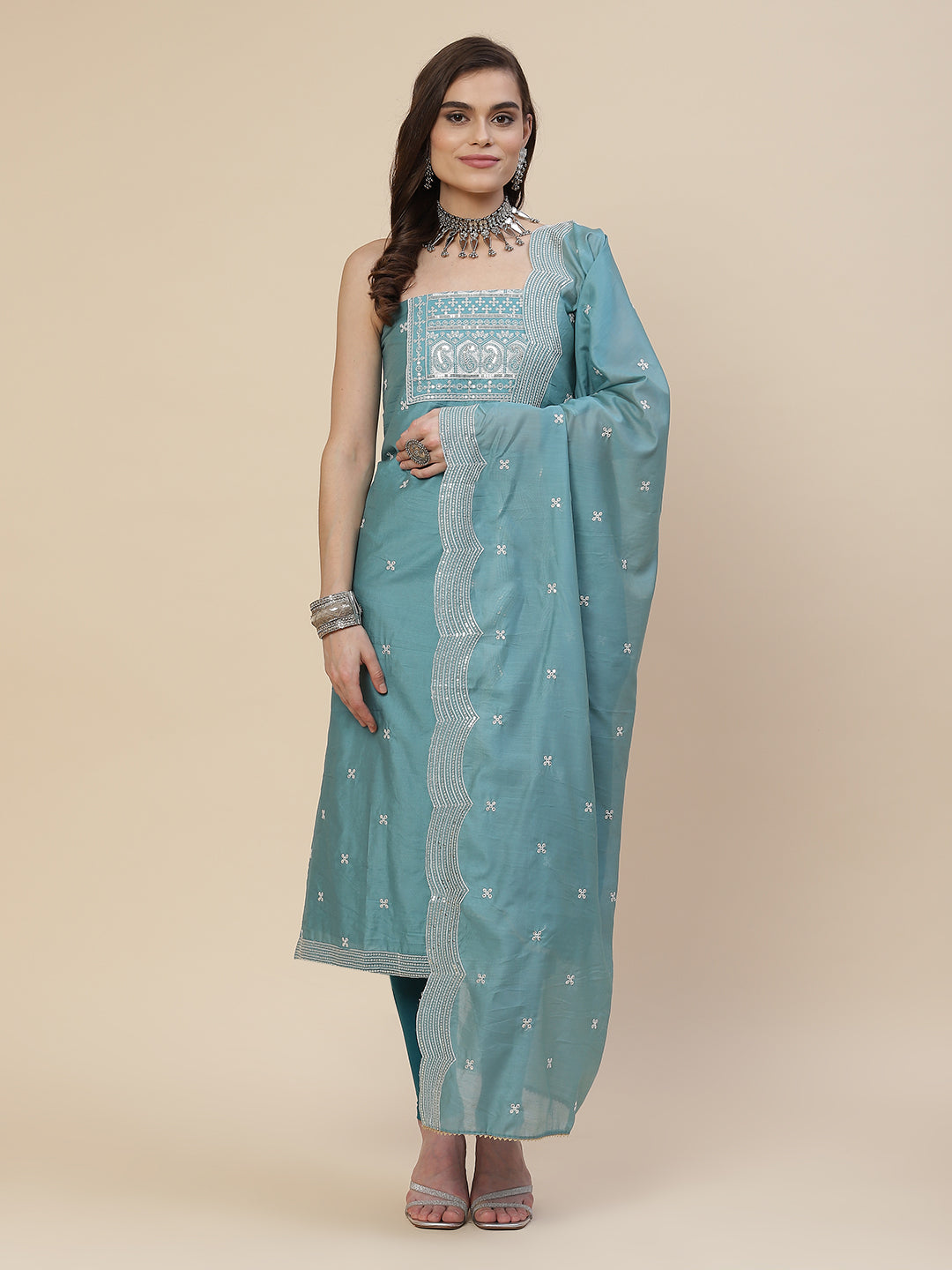 Neck Embroidered Chanderi Unstitched Suit Piece With Chanderi Dupatta