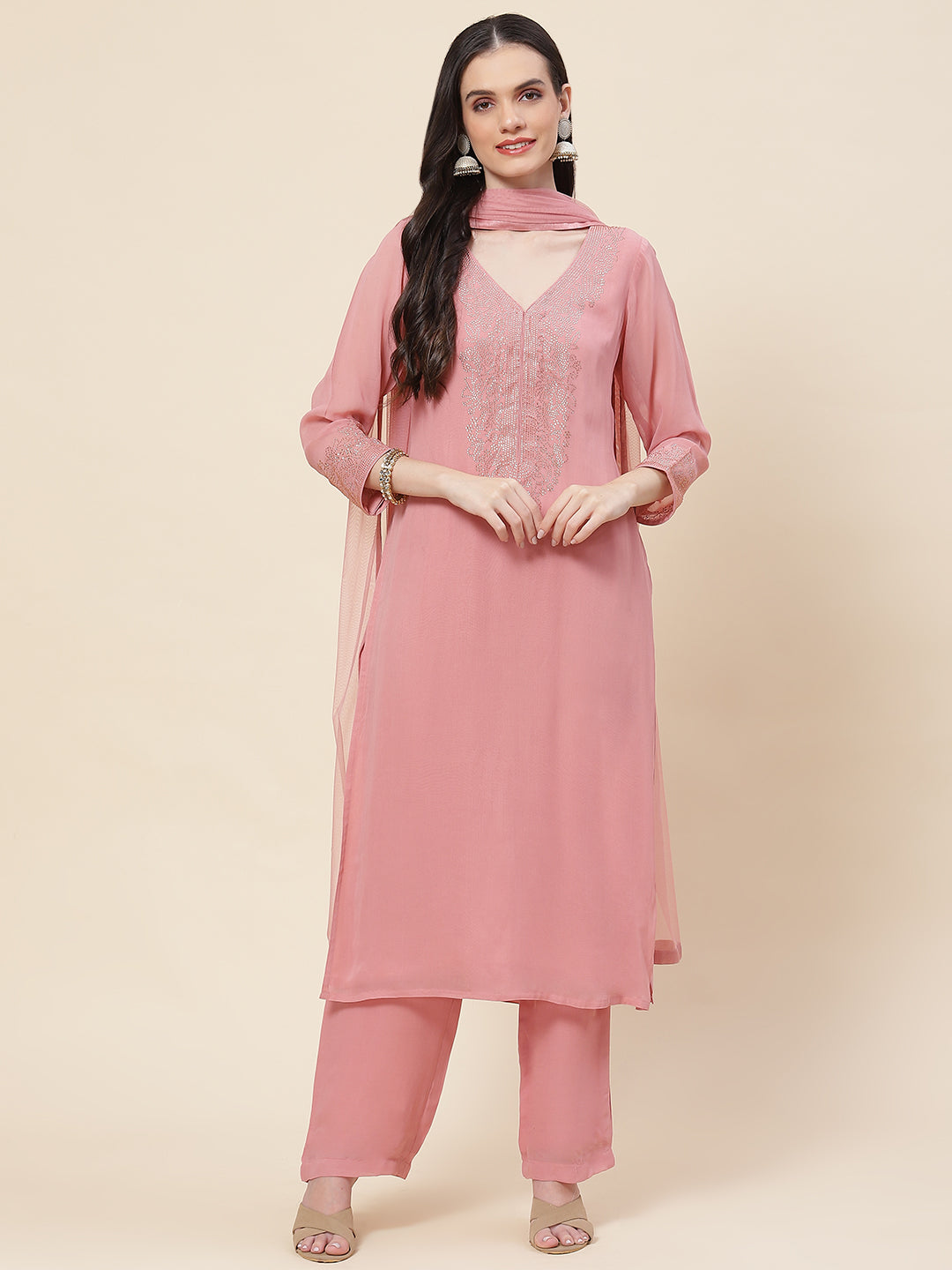 Neck Embellished Georgette Kurta With Palazzo & Dupatta