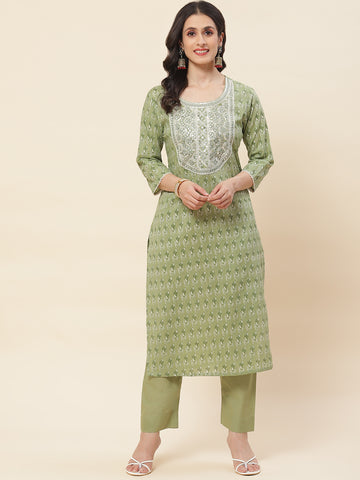 Printed  & Neck Embroidered Cotton Kurta With Pants