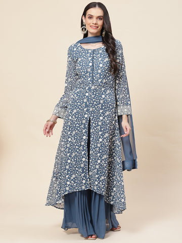 Embroidered Georgette Kurta With Palazzo & Dupatta