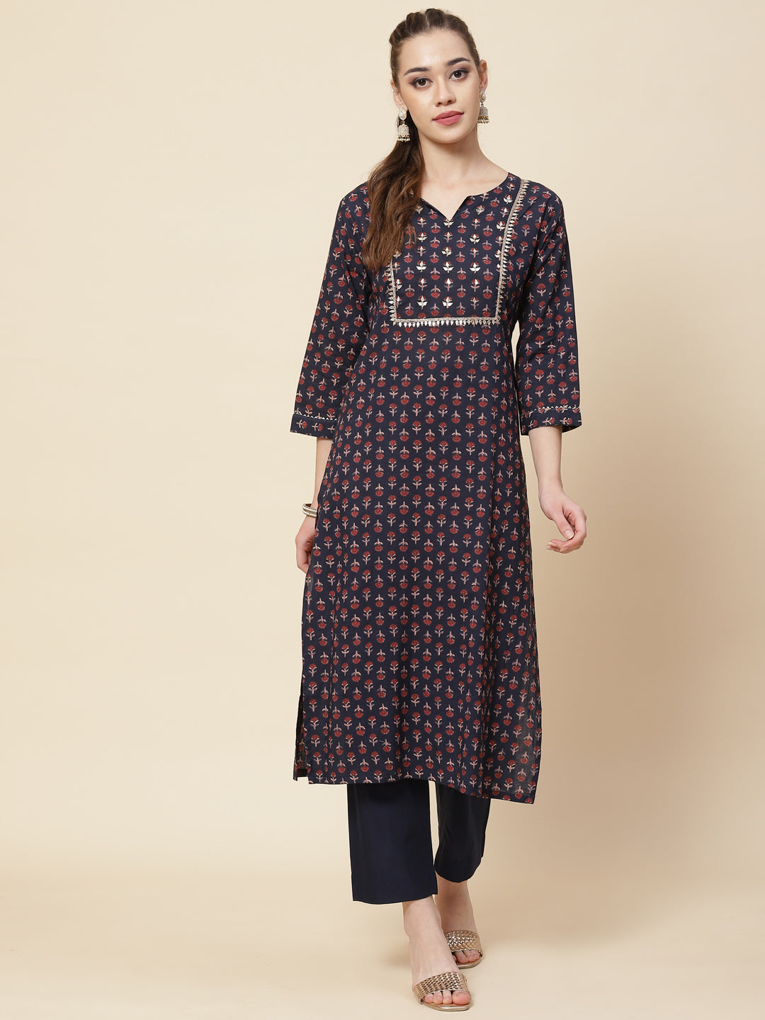 Printed & Neck Embroidered Cotton Kurta With Pants