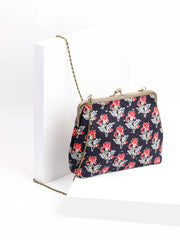 Navy Blue Printed Cotton Clutch