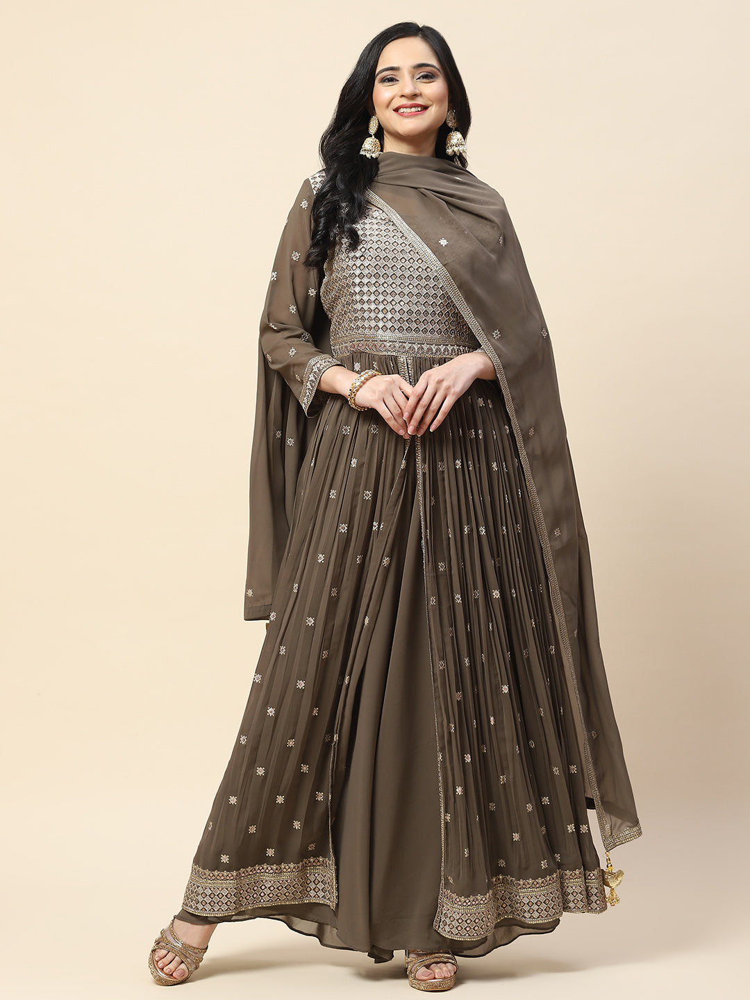 Sequin Embroidered Georgette Kurta With Sharara & Dupatta