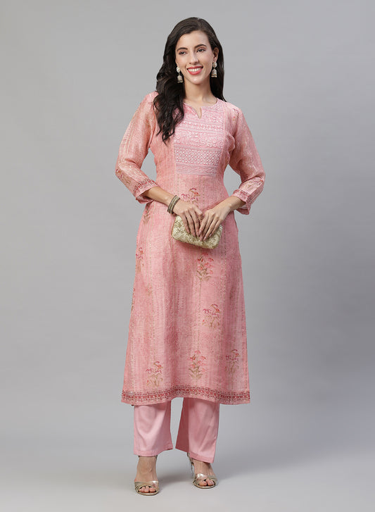 Printed Chanderi Kurti With Pant
