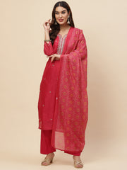 Neck Embroidered Chanderi Kurta With Pants & Dupatta