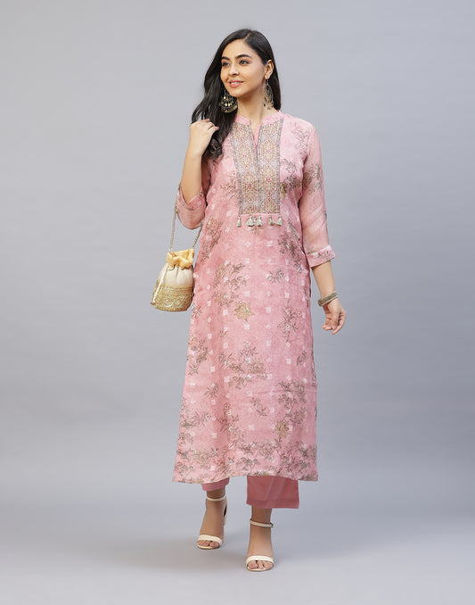 Organza Printed Kurti Pant Set with Yoke Detail