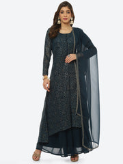 Sequin Embroidered Art Georgette Kurta With Palazzo & Georgette Dupatta