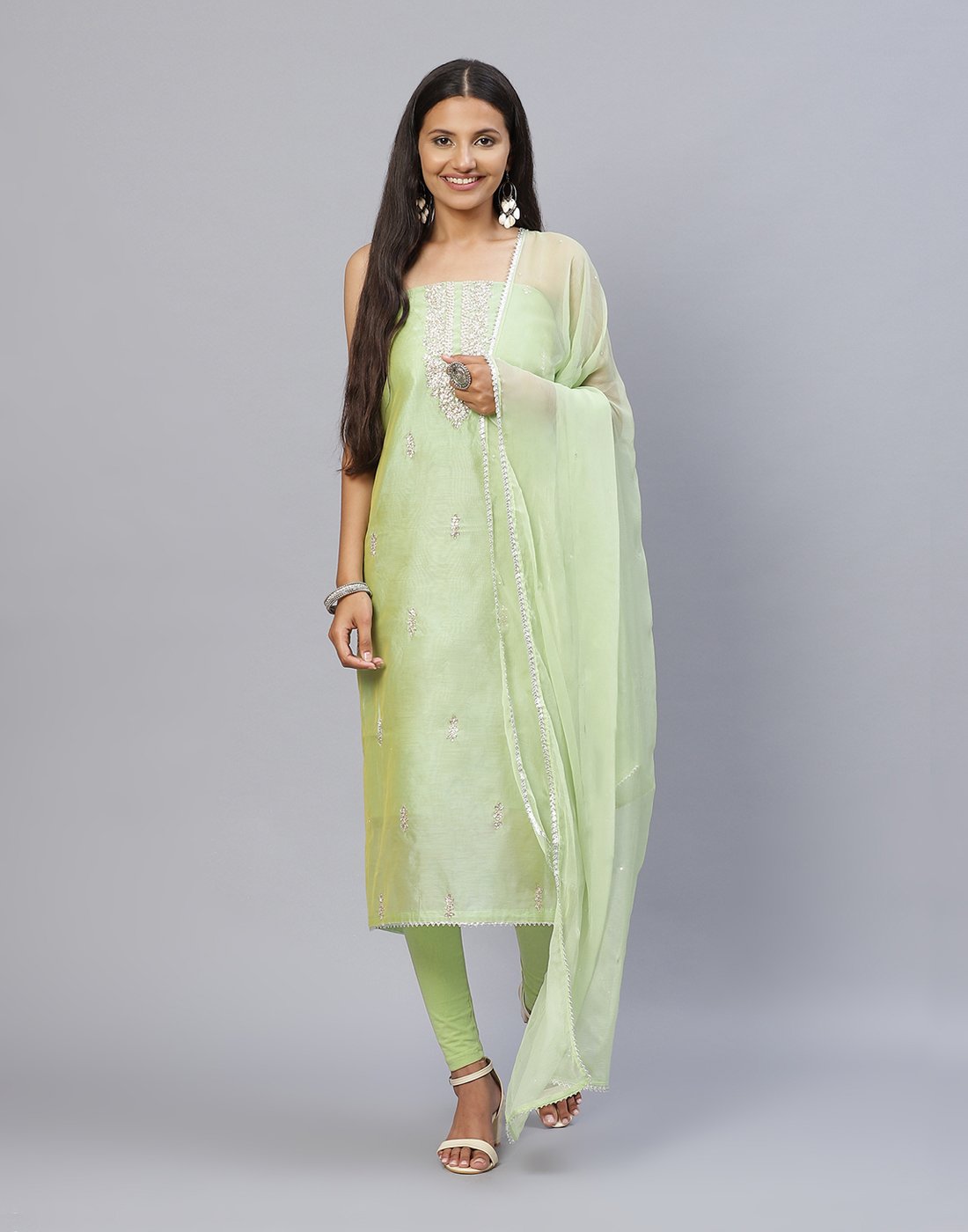 Embroidered Chanderi Suit Piece With Chiffon Dupatta