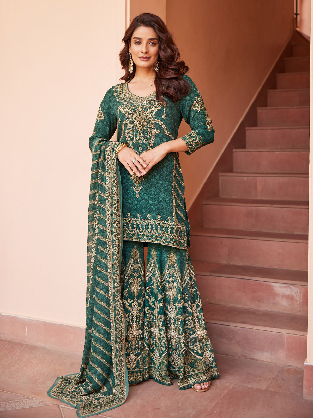 Digital Printed Crepe Kurta With Sharara & Georgette Dupatta