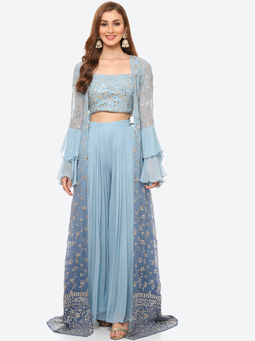 Zari Embroidered Booti Georgette Crop Top With Sharara & Jacket