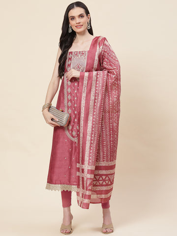 Embroidered Chanderi Unstitched Suit Piece With Dupatta