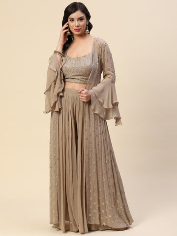 Mirror Sequin Embroidered Georgette Crop Top With Palazzo & Jacket