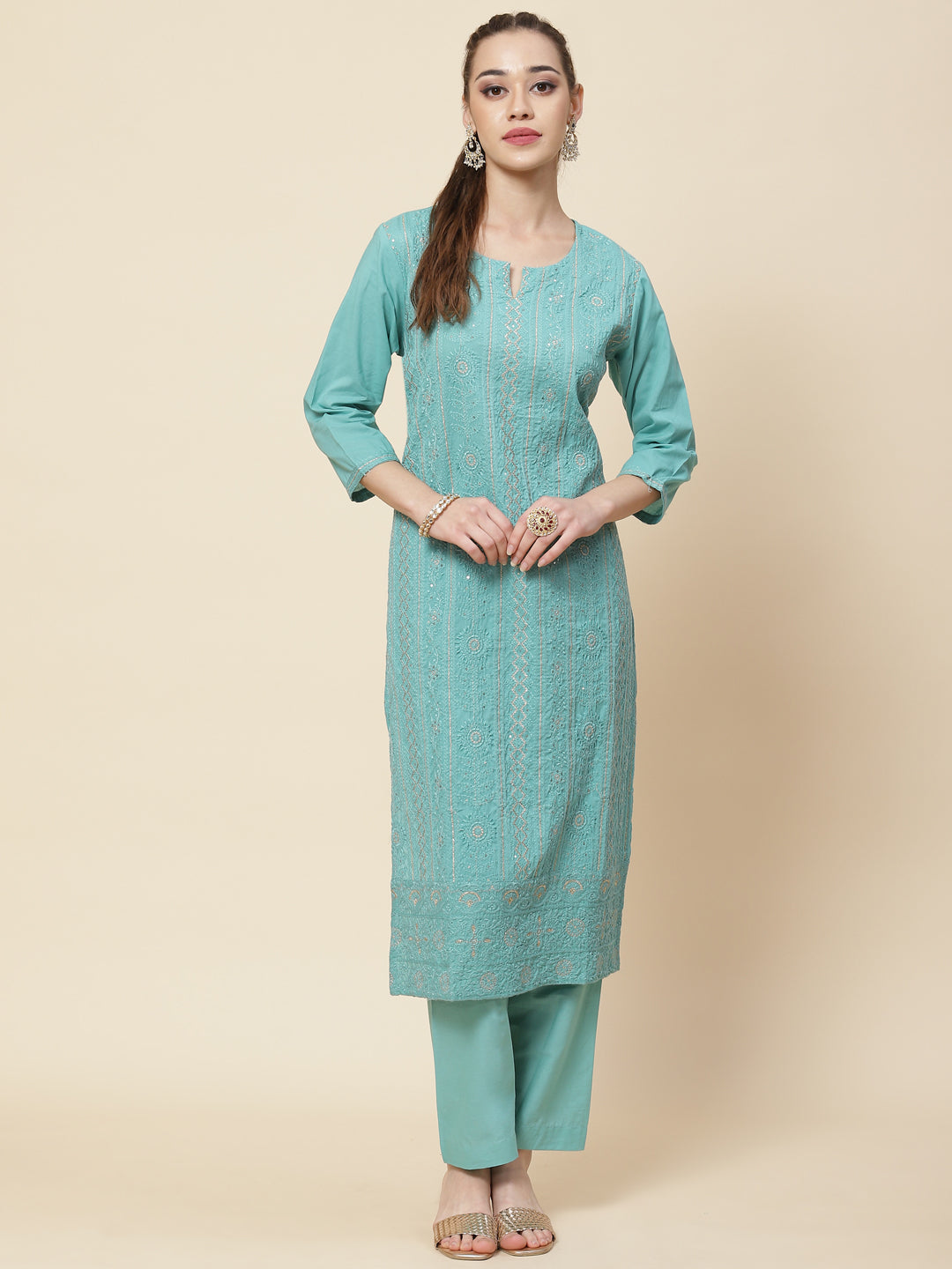 Embroidered Cotton Kurta With Pants