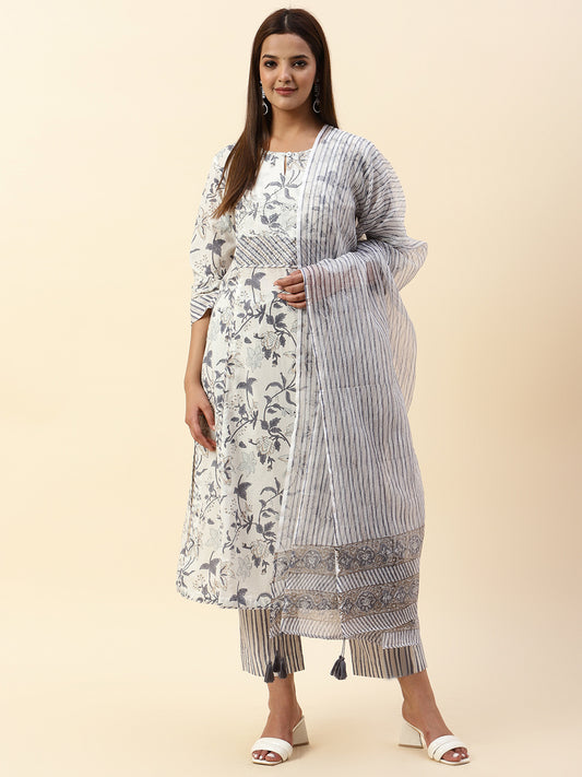 Floral Printed Cotton Kurta With Pants & Dupatta