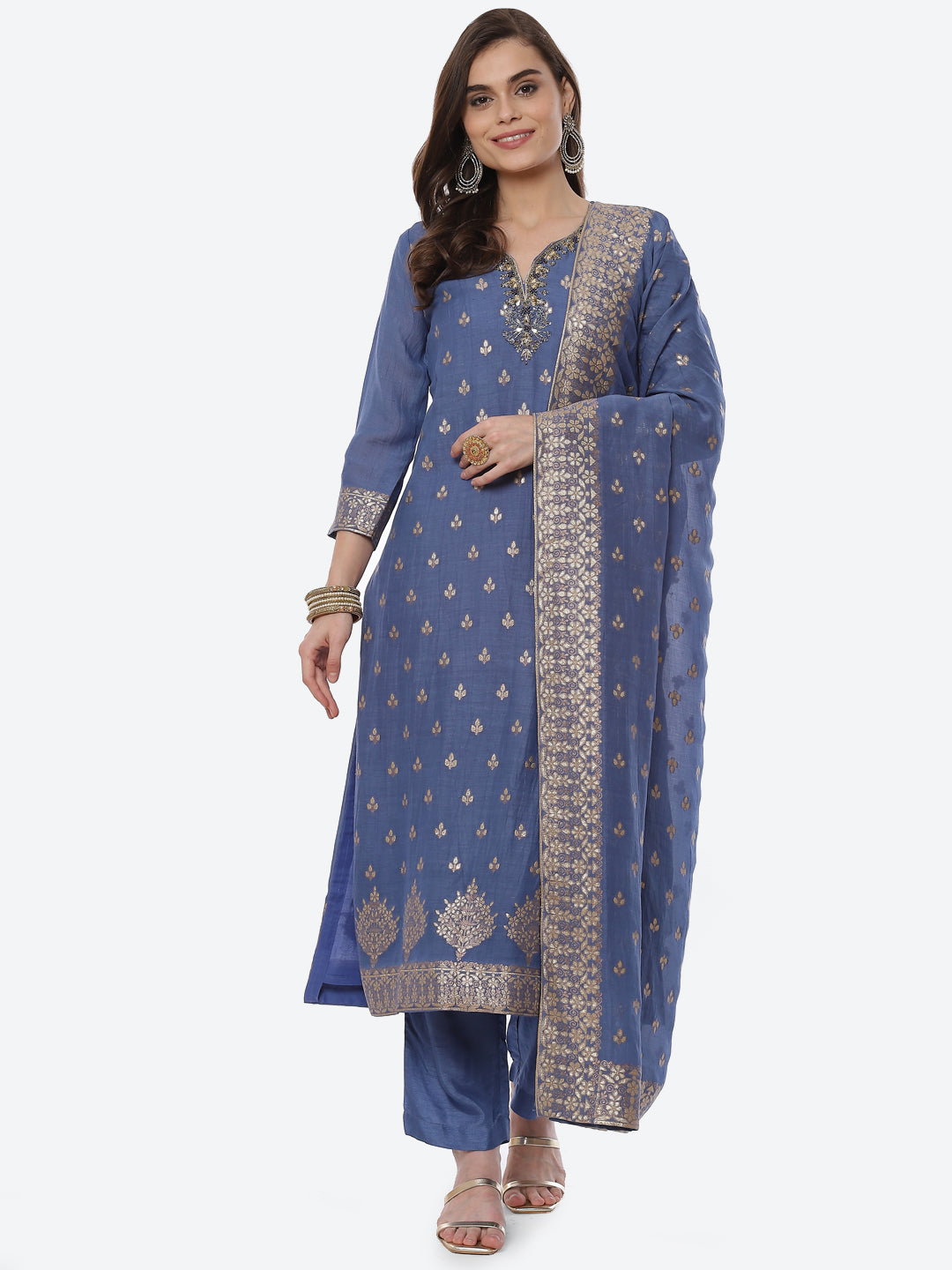 Zari Booti Chanderi Kurta With Palazzo & Chanderi Dupatta