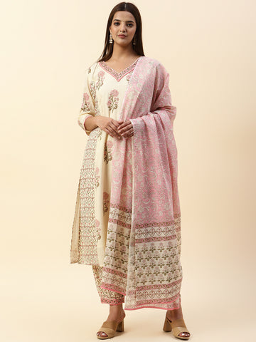 Printed Cotton Kurta With Pants & Dupatta