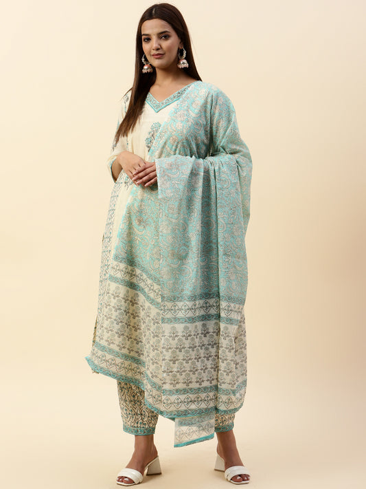 Printed Cotton Kurta With Pants & Dupatta