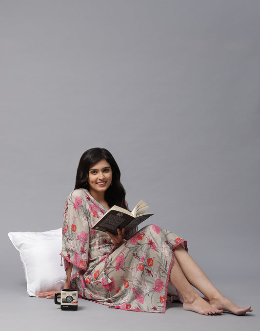Floral Print Kaftan with Lace Detail