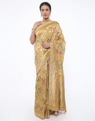 MBZ Meena Bazaar-Floral  Printed Banarsi  Khaddi with Gotta Patti Border