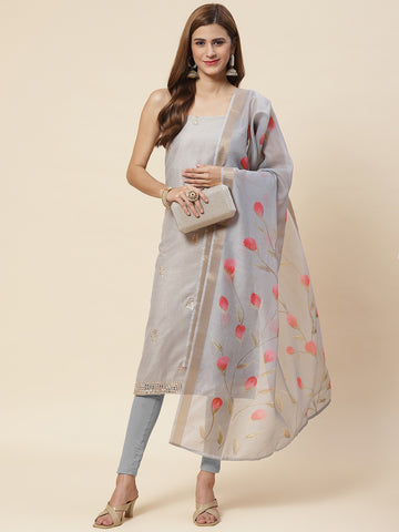 Embroidered Chanderi Unstitched Suit Piece With Floral Dupatta