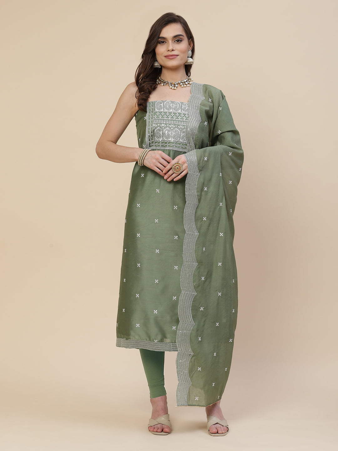 Neck Embroidered Chanderi Unstitched Suit Piece With Chanderi Dupatta