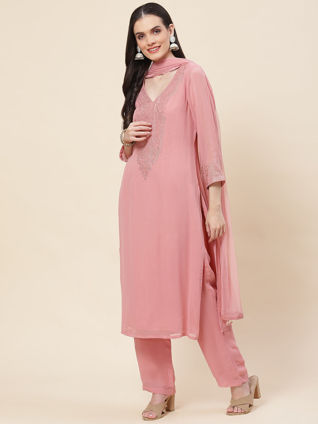 Neck Embellished Georgette Kurta With Palazzo & Dupatta