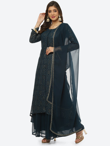 Sequin Embroidered Art Georgette Kurta With Palazzo & Georgette Dupatta