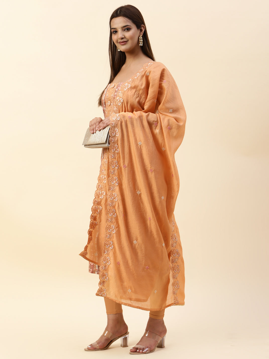 Printed & Neck Embroidered Muslin Unstitched Suit Piece With Dupatta
